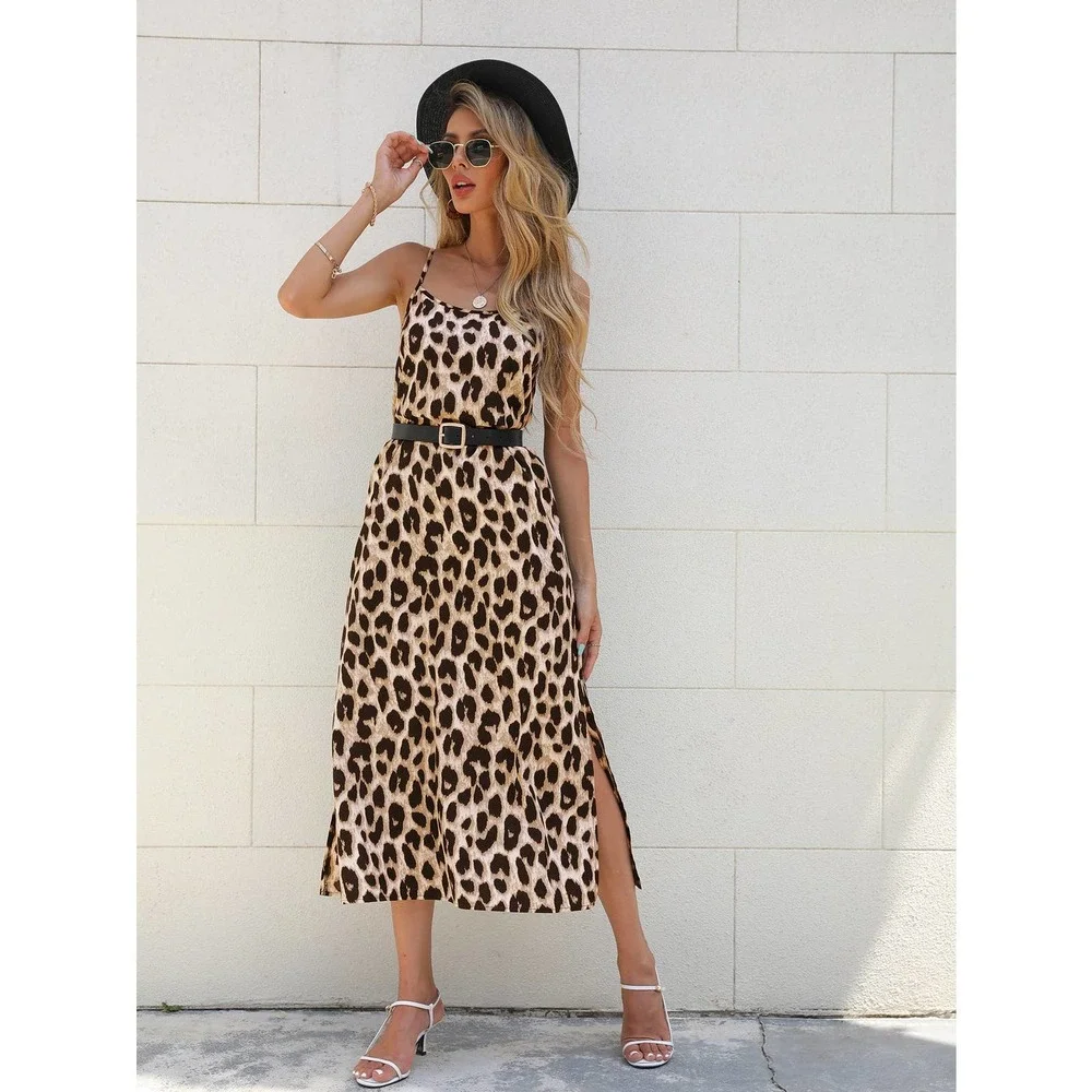 Leopard print Split Hem Cami midi Dress (Without Belt) - Picture 6 of 6